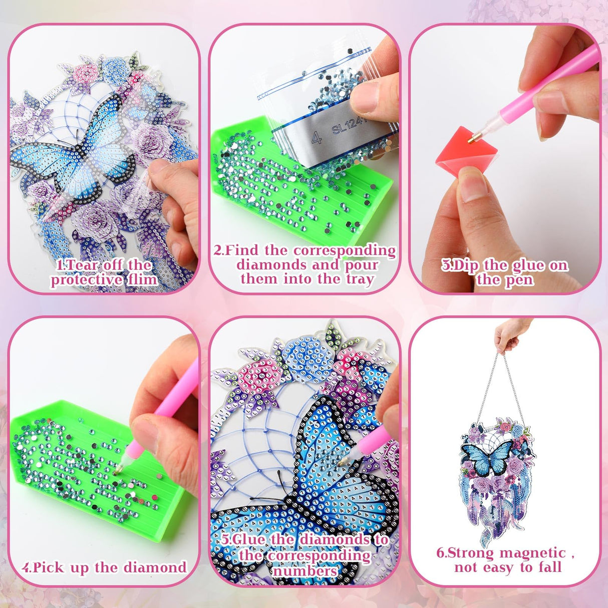 Saillong 2 Pcs Dream Catcher Diamond Art Painting Kits for Adults DIY Purple Butterfly Suncatcher Hanging Diamond Art Painting Wind Chime Hanging for Home Window Door Decor Saillong