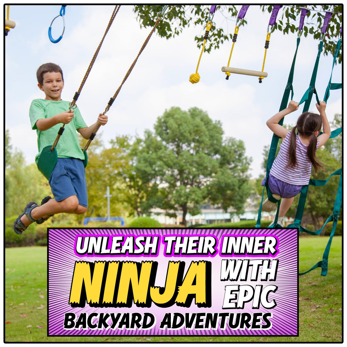 Ninja Warrior Obstacle Course for Kids Workout Equipment, 2 x 55ft Slacklines with 10 Weatherproof & Durable Ninja Kids Toys - Ninja Course for Kids Outside , Kids Obstacle Course Backyard Trailblaze