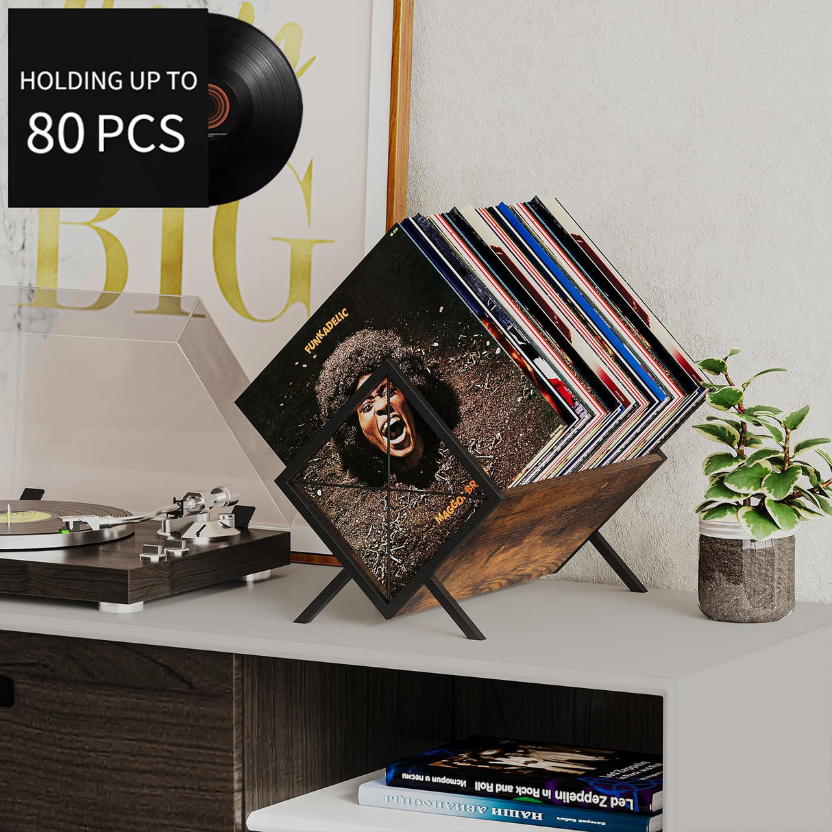 YINMIT Vinyl Record Holder, 80-100 LP Vinyl Record Storage Rack, Quick Assembly Vinyl Record Display, Retro Style Organizer for Magazine, Book, Files, Albums (Rustic Brown, 1 Tier) YINMIT