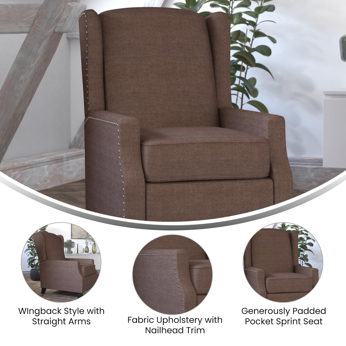 Flash Furniture Prescott Slim Wingback Recliner Chair - Traditional Push Back Recliner - Brown Polyester Fabric with Accent Nail Trim - Pocket Spring Seat Flash Furniture