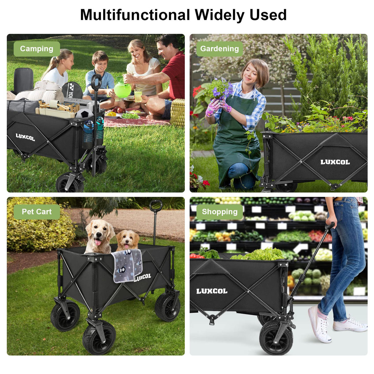 LUXCOL Collapsible Folding Wagon, Heavy Duty Utility Beach Wagon Cart for Sand with Big Wheels, Adjustable Handle&Drink Holders for Shopping, Camping,Garden and Outdoor LUXCOL