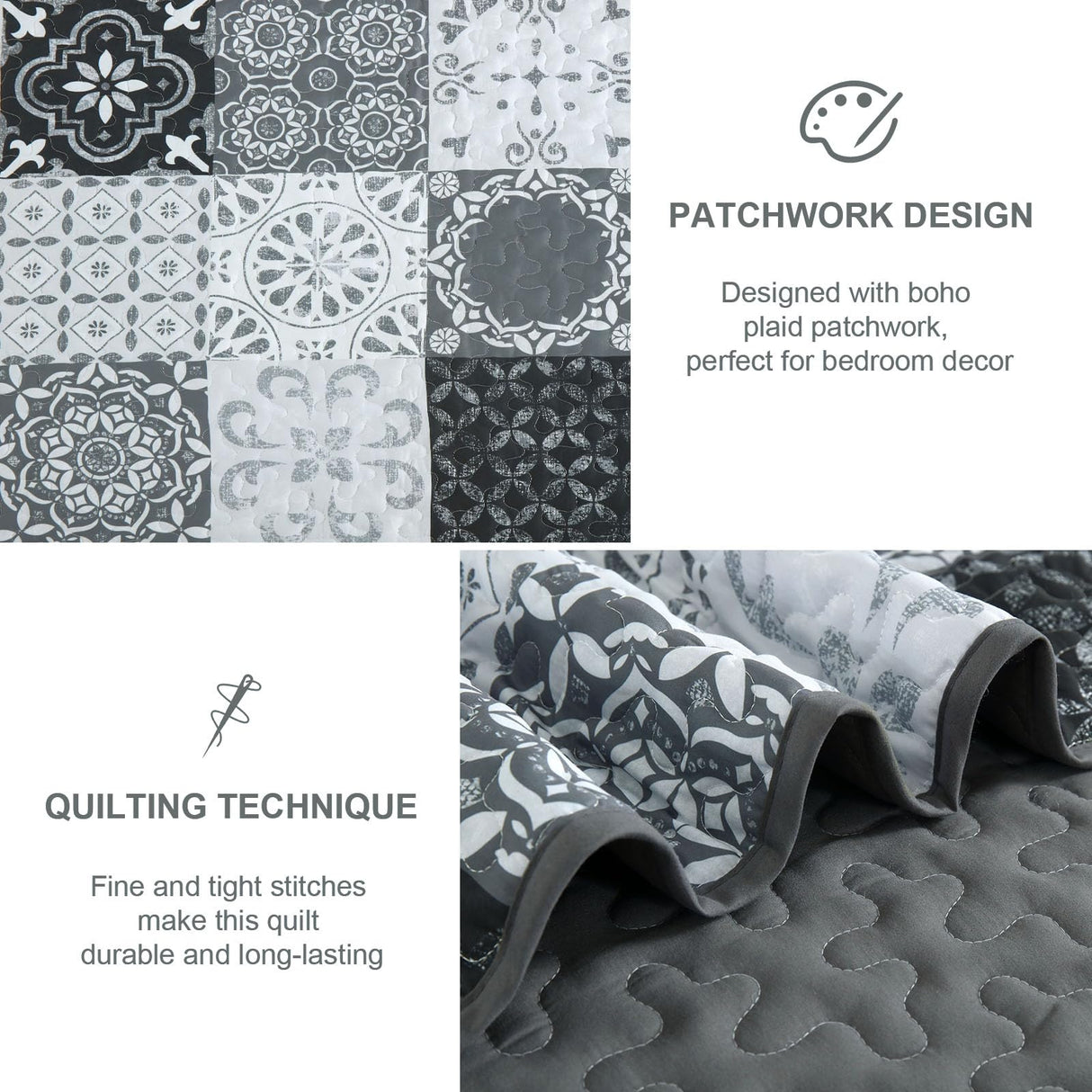 Dobuyly Grey Black Quilt Set Queen Size, Boho Plaid Patchwork Bedspreads Coverlet Set, 3 Pieces Soft Lightweight Microfiber Farmhouse Quilt Bedding Set for All Seasons 96"x90" Dobuyly