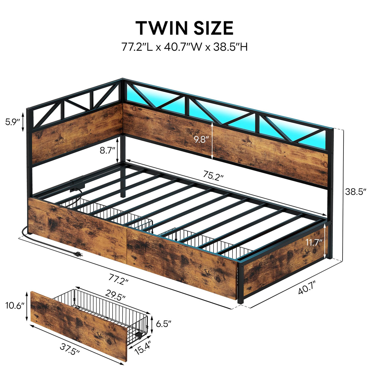 LIKIMIO Twin Daybed with Storage Drawers and Charging Station, Corner Bed Frames with Headboard and LED Lights, Industrial Brown LIKIMIO