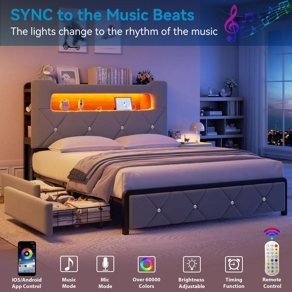 Jocoevol Queen Upholstered LED Bed Frame with 2 Storage Drawers and 2-Tier Storage Headboard, Velvet Platform Bed with Charging Station & Bookcase, Corner Bed Frame, Heavy Duty Metal Support, Grey Jocoevol