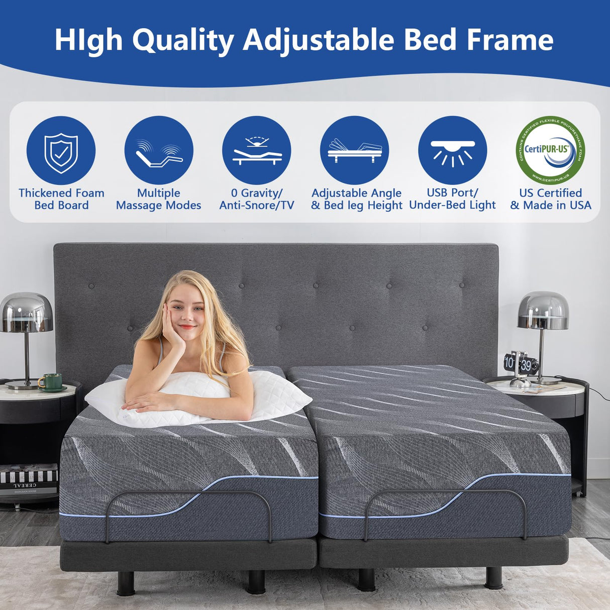 Split King Adjustable Bed Frame with Massage, 14 Inch Grey Gel Memory Foam Medium-Firm Mattress in Box, Updated Adjustable Bed Base with Thickened Foam Frame, Adjustable legs,Voice Control, Smart Bed Vipbear