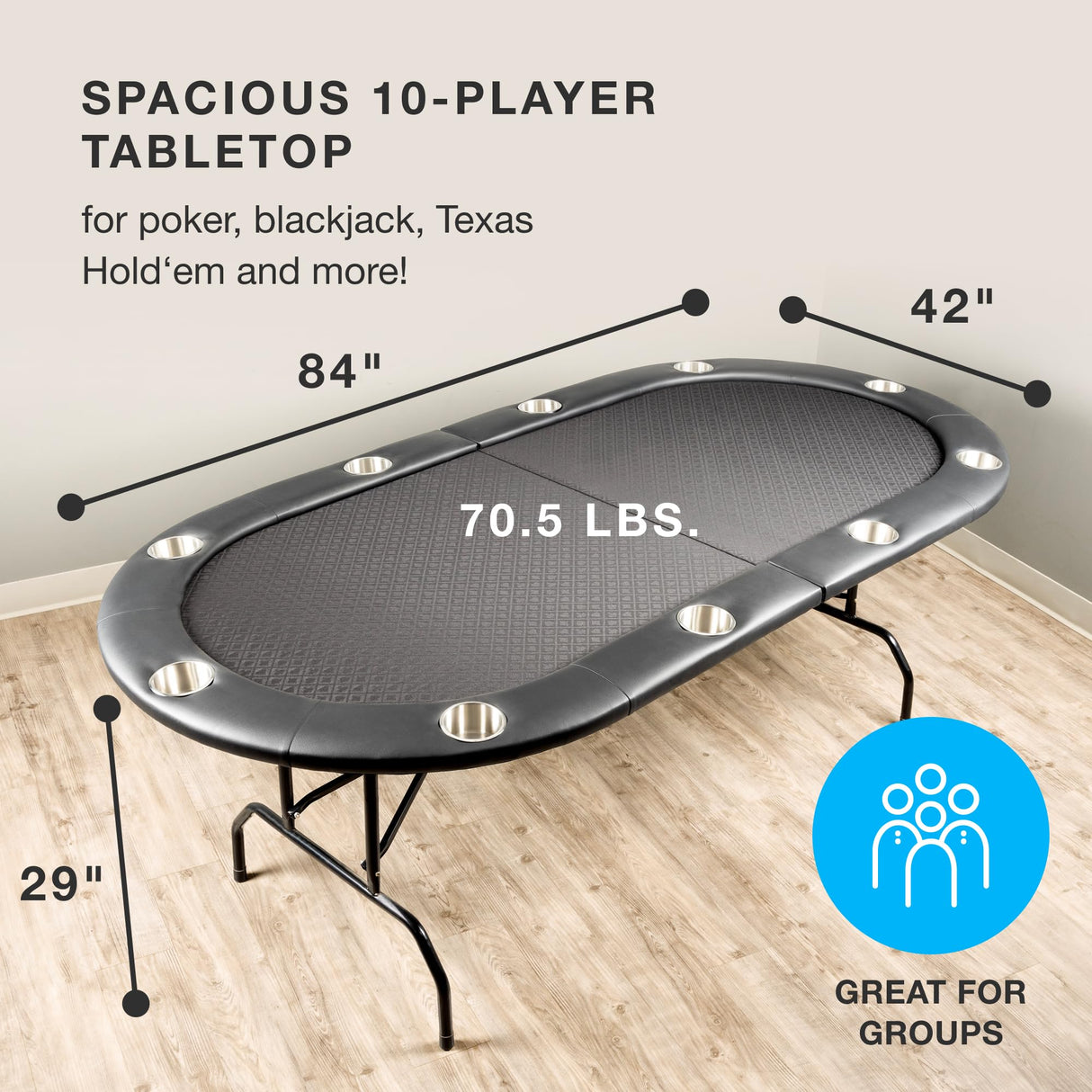 Brybelly 10-Person Foldable Poker Table with Suited Speed Cloth and Jumbo Stainless Steel Cupholders (Black, 84 Inch) Brybelly