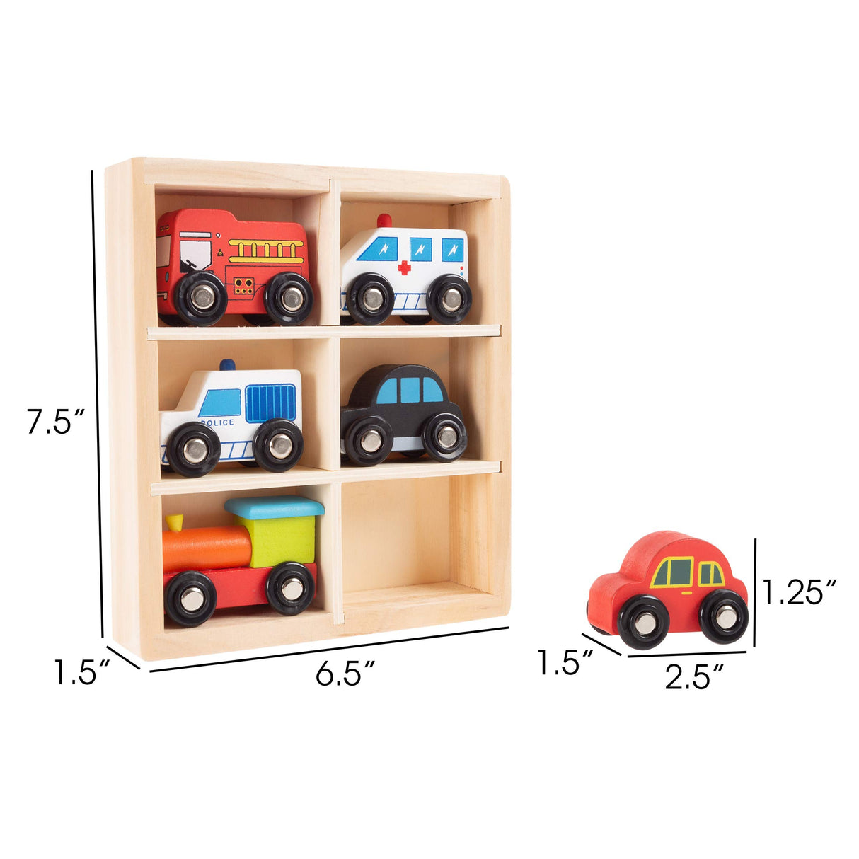 Hey! Play! Wooden Car PlaySet-6-Piece Mini Toy Vehicle Set with Cars, Police and Fire Trucks, Train-Pretend Play Fun for Preschool Boys and Girls Hey! Play!