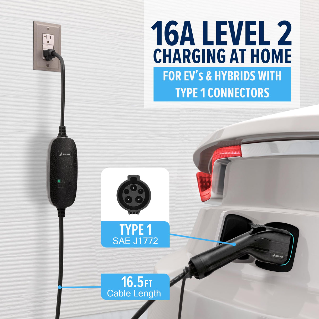 Asani Level 1 & 2 EV Charger - 110-240V at 16 Amps - Portable Electric Vehicle EV Charger with NEMA 6-20 with NEMA 5-15 Adapter Plug for J1772 Electric Cars Asani