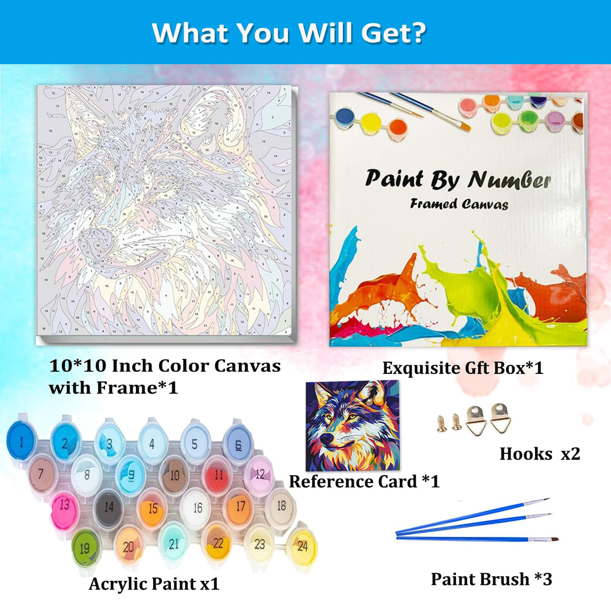 Artunion Framed Paint by Numbers Kit for Adults Beginners & Kids Ages 8-12,Wolf Head Paint by Number with Frame,Acrylic Paint by Numbers Kit on Canvas 10 * 10 Inch Without Easel Artunion