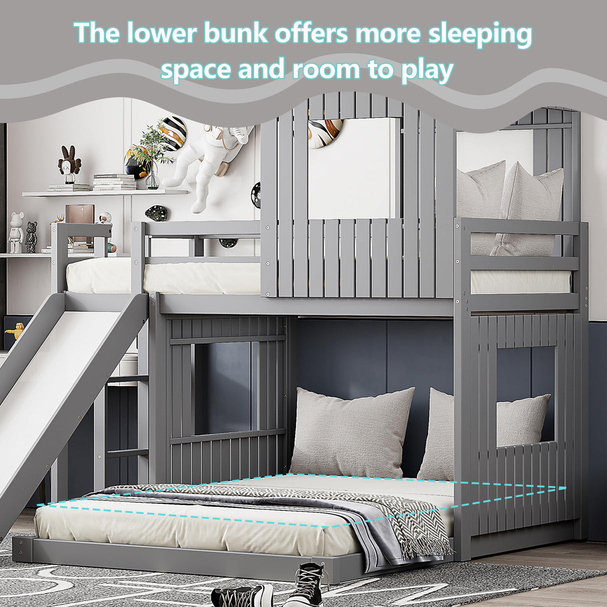 Harper & Bright Designs House Floor Bunk Beds with Slide, Wooden Twin Over Full Bunk Beds with Slide, Roof and Guard Rail for Kids, Teens, No Box Spring Needed (Gray, Twin Over Full Size) Harper & Bright Designs