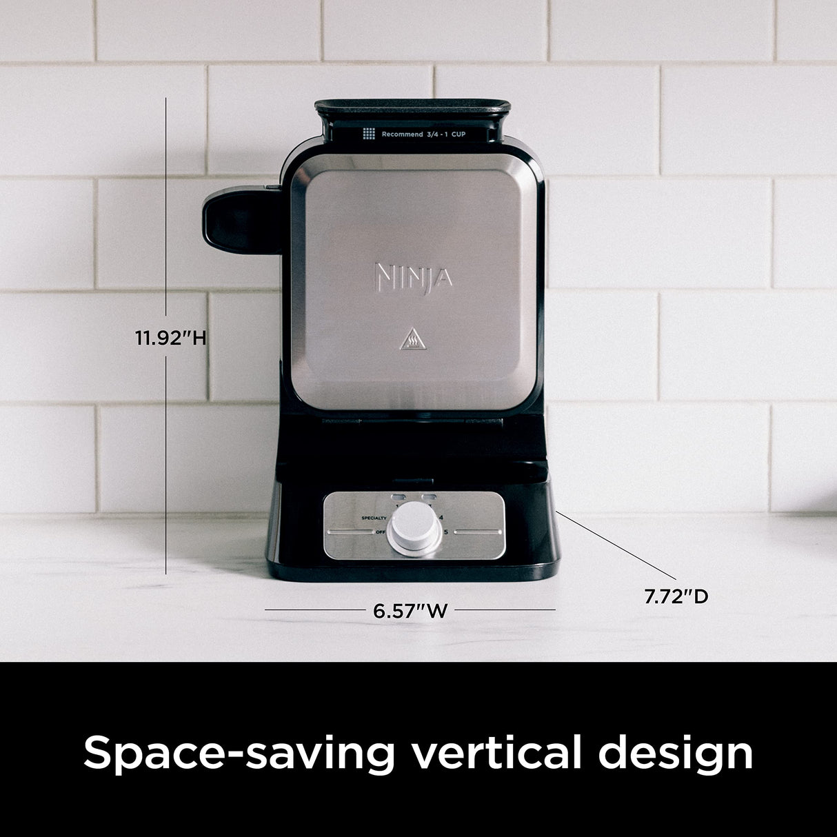 Ninja BW1001 NeverStick PRO Belgian Waffle Maker, Vertical Design, 5 Shade Settings, with Precision-Pour Cup & Chef-curated Recipe Guide, Black & Silver Ninja