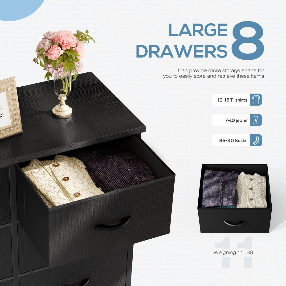 Atilioo Dresser for Bedroom with 8 Drawers, Anti-Tip Tall Fabric Chests Storage Organizer Tower Furniture with Wooden Top Metal Frame for Clothes, Closet, Living Room, Hallway, Entryway Atilioo