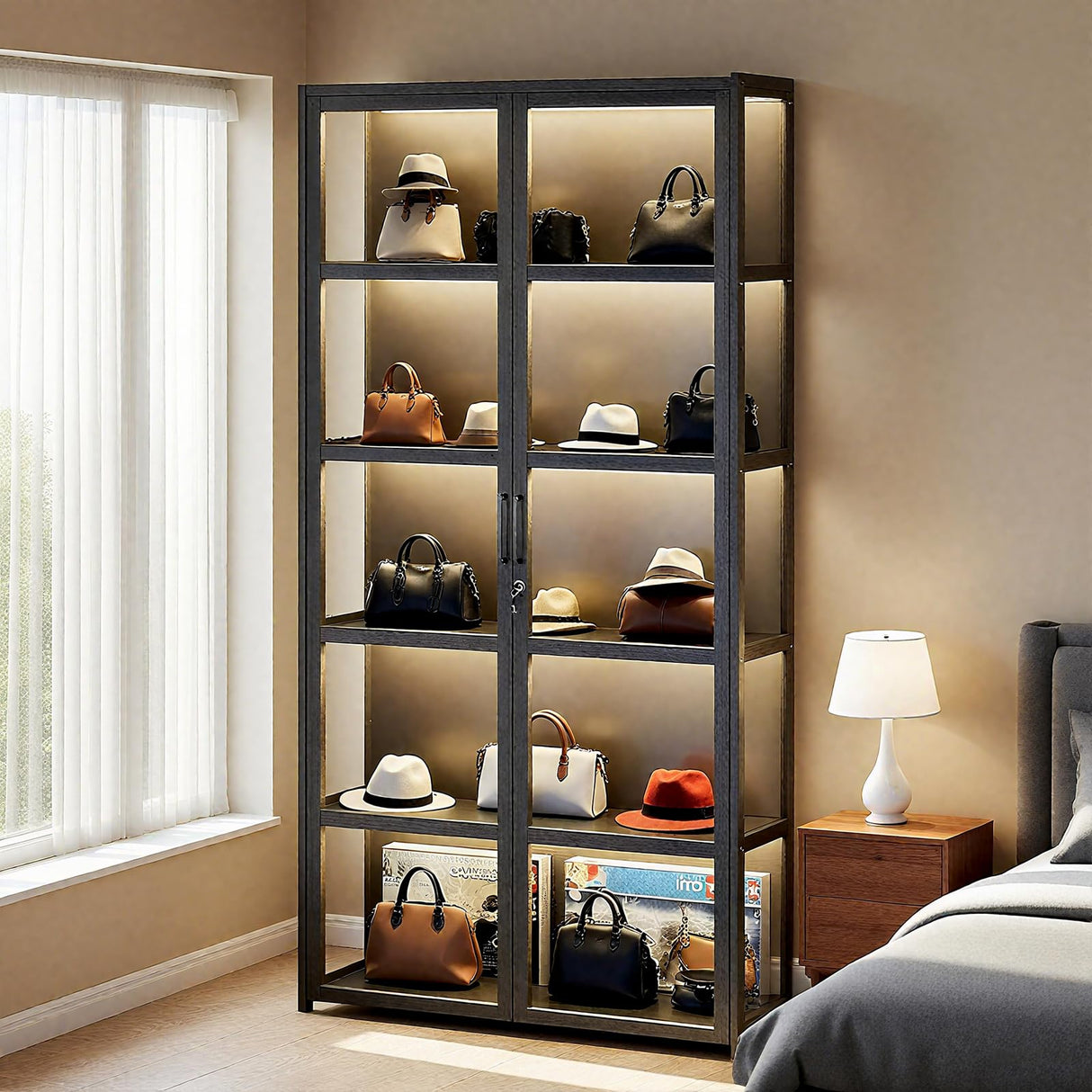 Curio Display Cabinet with Acrylic Doors, 5-Tier Bamboo Display Cases for Figurine, Curio Cabinet Toy Organizers Rack & Display Shelf for Home Office, Playroom, Living Room,Bedroom, 65in Generic