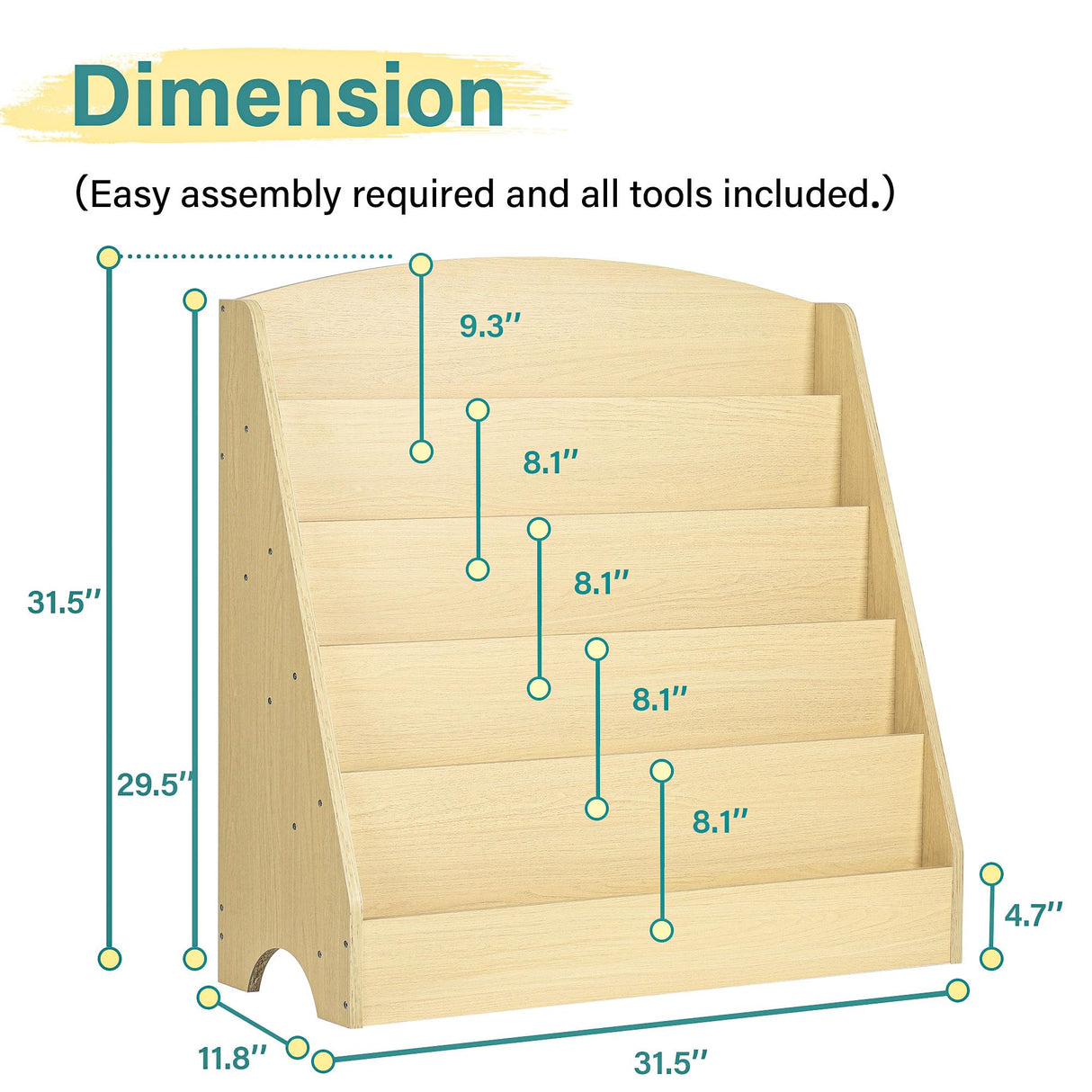 TOETOL 5-Tier Kids Bookshelf - Toddler Book Display Shelves for Classrooms, Playrooms, and Nursery - Wooden Children Book Rack (Natural) TOETOL