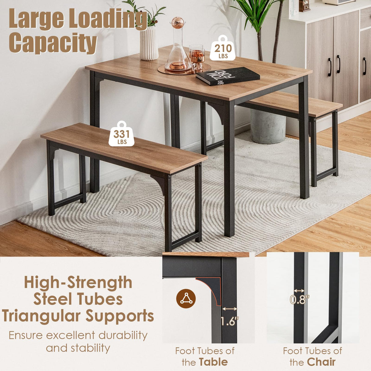 NAFORT 3-Piece Dining Table Set for 4, 43.5" Modern Kitchen Table Set w/2 Benches & Metal Frame, Space Saving Dining Room Table Set with MDF Wood Board, Ideal for Home, Restaurant, etc. NAFORT