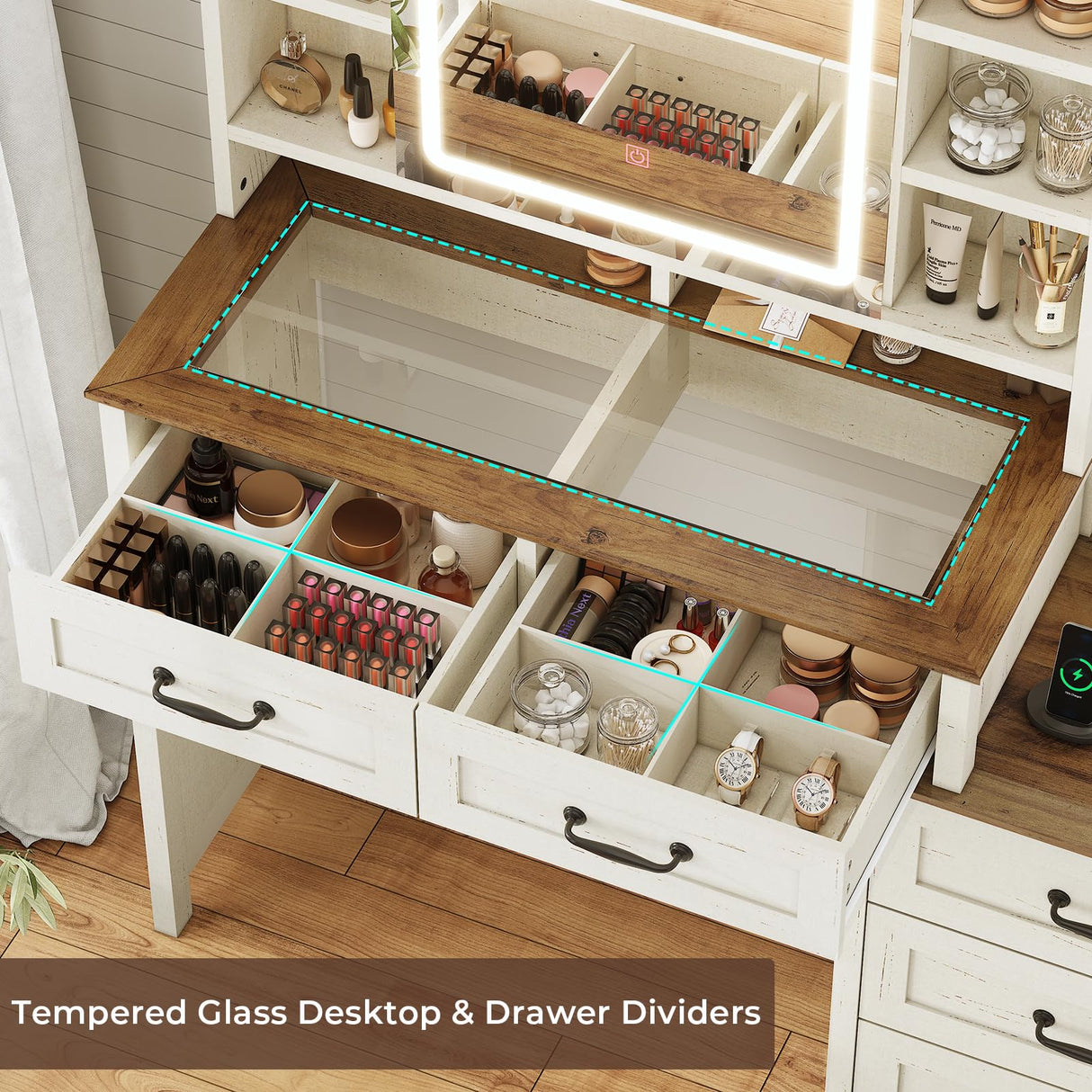 BTHFST Farmhouse Vanity with Glass Top & Charging Station, Vanity Desk with Touch Screen Mirror and Lights, Makeup Vanity with 5 Drawers & Shelves & Cabinet, Antique White BTHFST