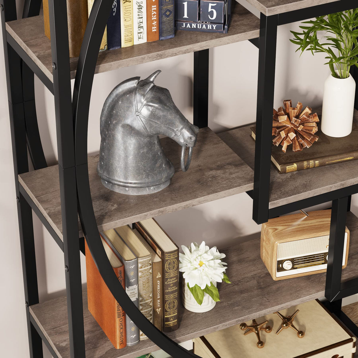 Industrial 5-Tier Etagere Bookcase by Tribesigns in Vintage Grey - Stylish Storage Solution for Home & Office Tribesigns