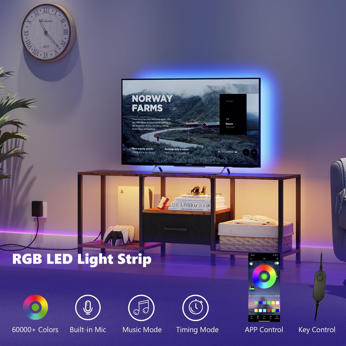 JARHETUN TV Stand with LED Lights, Entertainment Center with Open Shelves and Fabric Drawer, Media Console for 55 Inch TV, Television Stands, Living Room Furniture, Bedroom, Rustic Brown JARHETUN