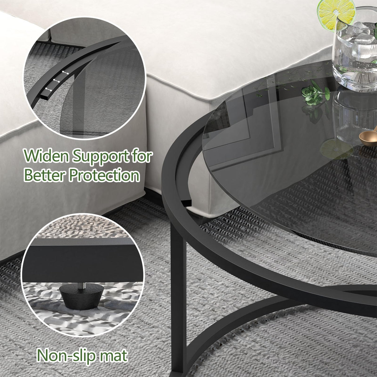 Glass Coffee Table Modern Center Table,Minimalist Round Coffee Tea Table,Tempered Glass-top with Sturdy Metal Frame for Living Room Bedroom Office and Small Space, 27 x 27 x 17 Inch,Gray Black Easy Paws