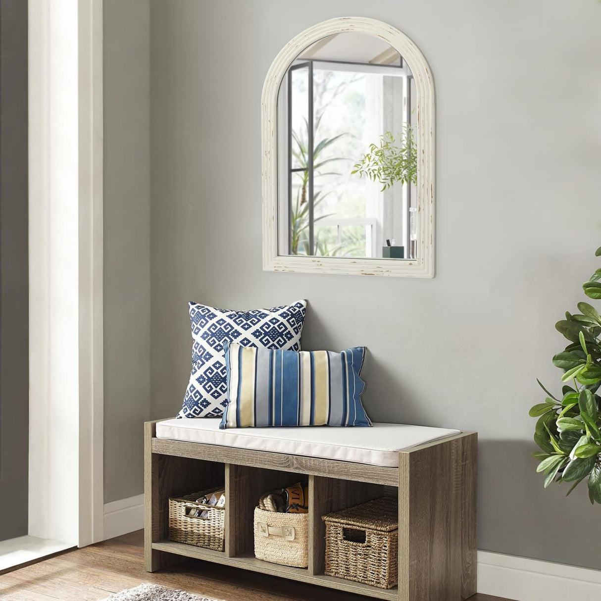 eodme Farmhouse Arched Wall Mirror, White Distressed Wood Mirror, Decorative Mirror for Bathroom Living Room Bedroom Entryway, 20''×30'' eodme