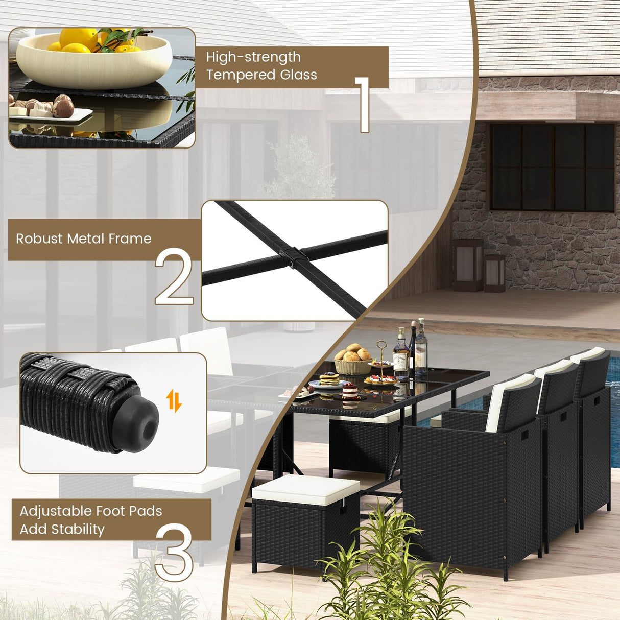 Tangkula 11 Pieces Patio Dining Set, Space-Saving Wicker Chairs & Tempered Glass Table with Ottomans, Thick Soft Cushions, Outdoor Conversation Furniture Set for Garden Yard Poolside Tangkula