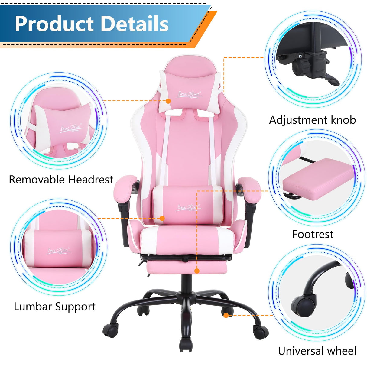 PayLessHere Ergonomic Racing Desk Chair Computer Chair Gaming Chair with Footrest Lumbar Support Headrest Armrest Task Rolling Swivel Ergonomic E-Sports Adjustable PC Gamer Chair (Pink) PayLessHere
