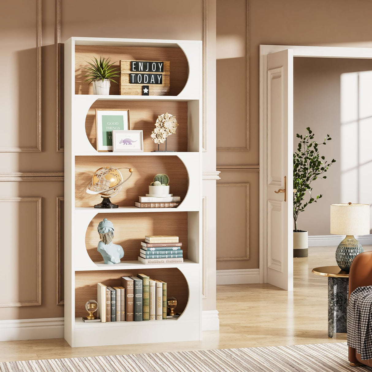 Tribesigns Modern 71" 5-Tier Freestanding Bookshelf with Versatile Storage in White and Walnut Tribesigns