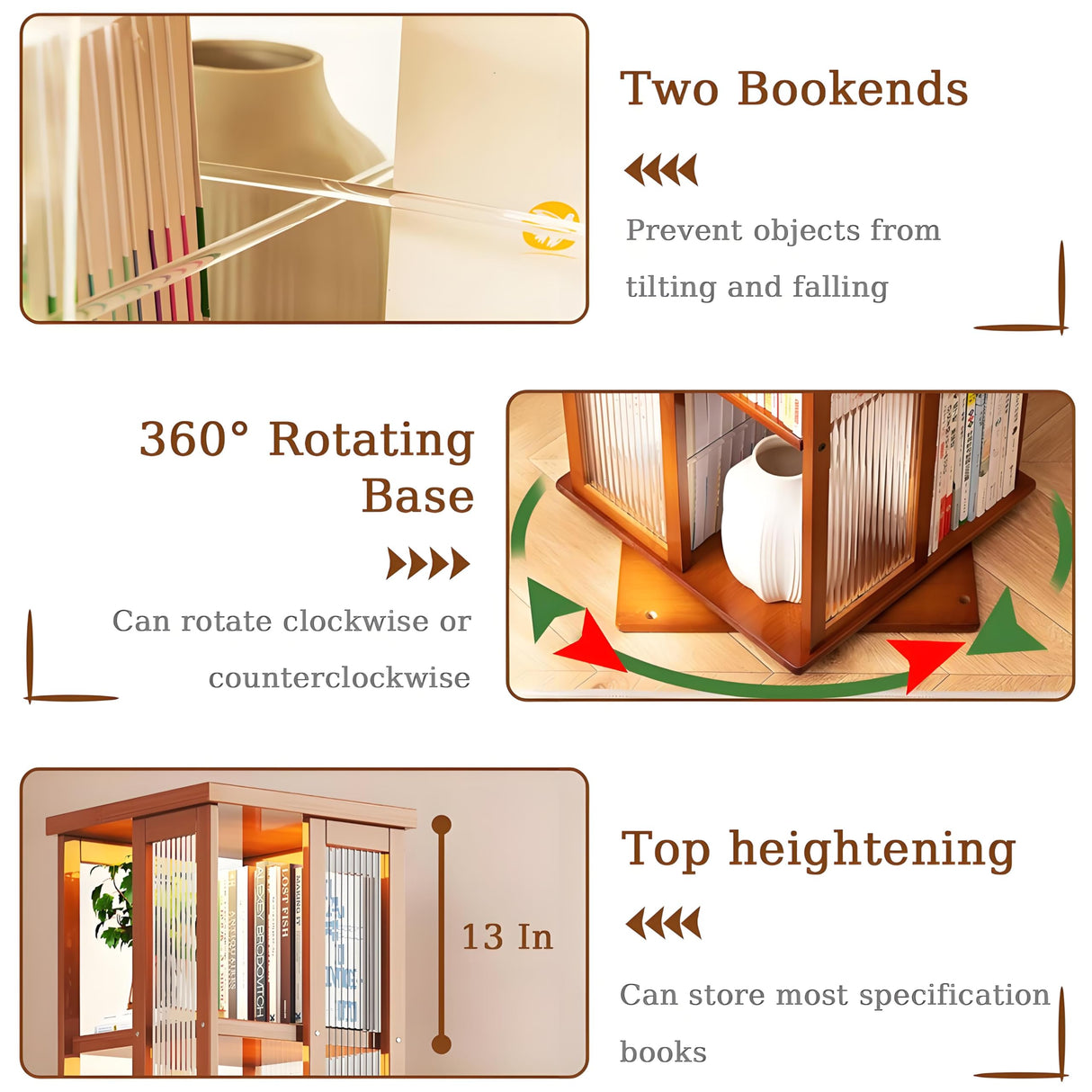 idhhco 6 Tier Rotating Bookshelf, 360° Spinning Book Shelf Tower, Bamboo, Bookshelf Floor Standing Storage Rack, Narrow Book Storage Shelf for Kids&Adults, Living Room, Bedroom, Study, Balck, Brown idhhco