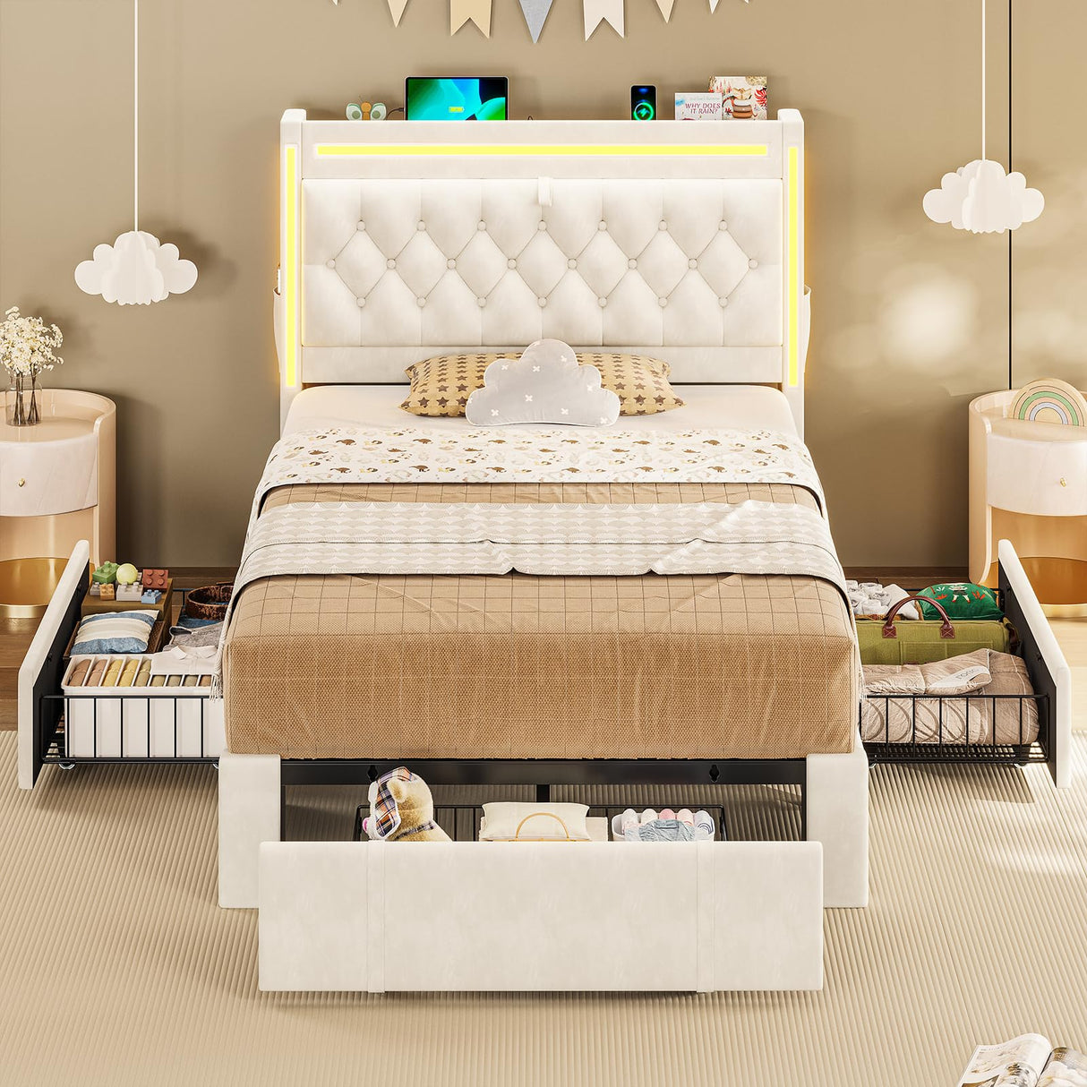 BTHFST Twin Upholstered LED Bed Frame with 3 Drawers, Velvet Hidden Storage Headboard with Charging Station, Button Tufted Headboard and Heavy Duty Metal Slats Support, No Box Spring Needed, Beige BTHFST