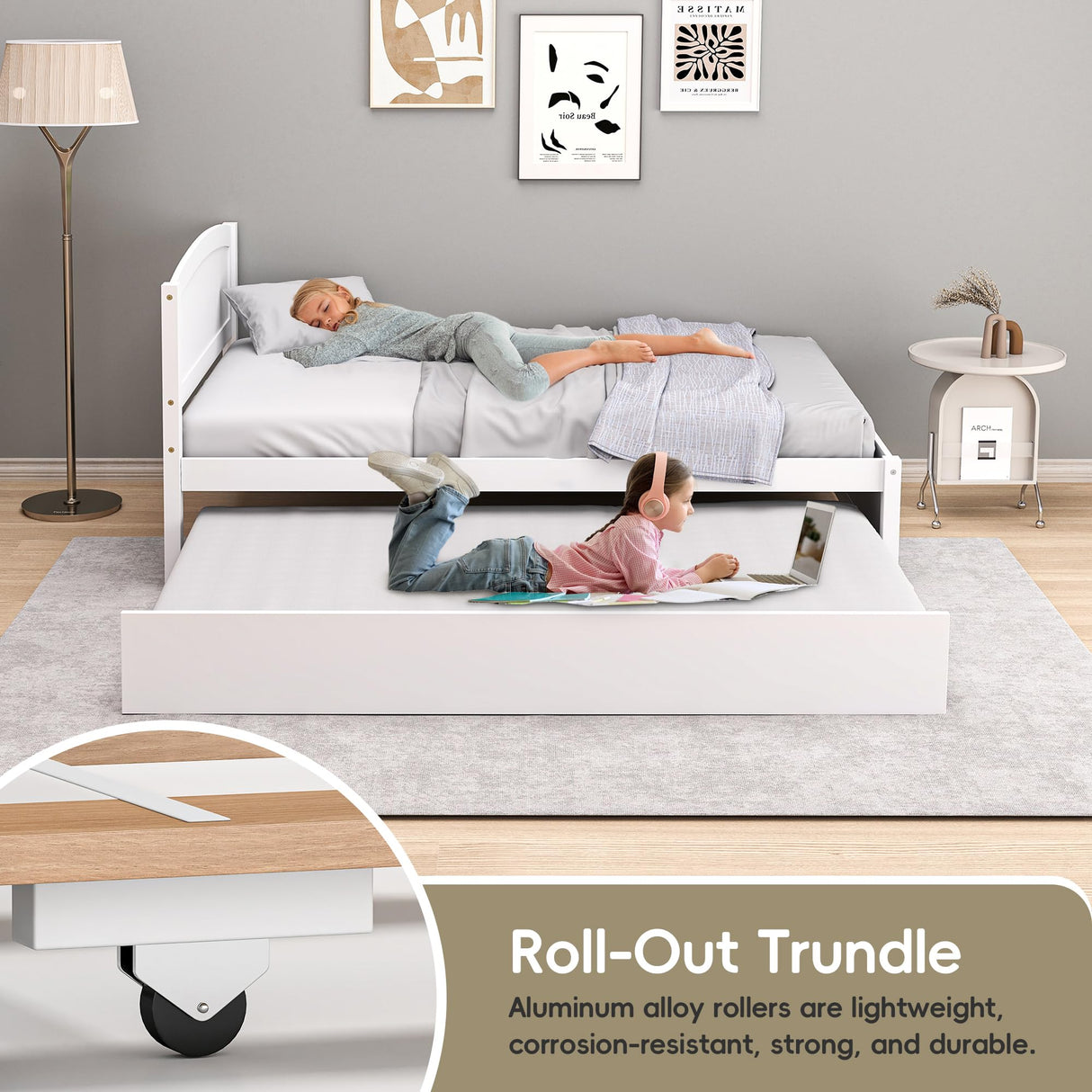 Callales Twin Trundle Bed, Solid Wooden Pull Out Bedframe, Extendable Day Bed with Headboard and Soild Wood Slats Support, Bedroom, Living Room, Guest Room, No Box Spring Needed (White) Callales