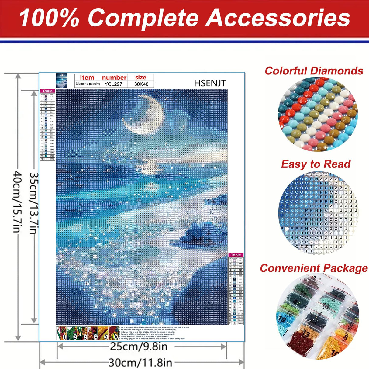 HSENJT Beach Diamond Art Painting by Number Kits,Seaside Night 5D Diamond DIY Painting for Adult,Moon Paint with Round Diamonds for Relaxation Home Wall Decor Gift(30x40cm/11.8X15.7inch) HSENJT