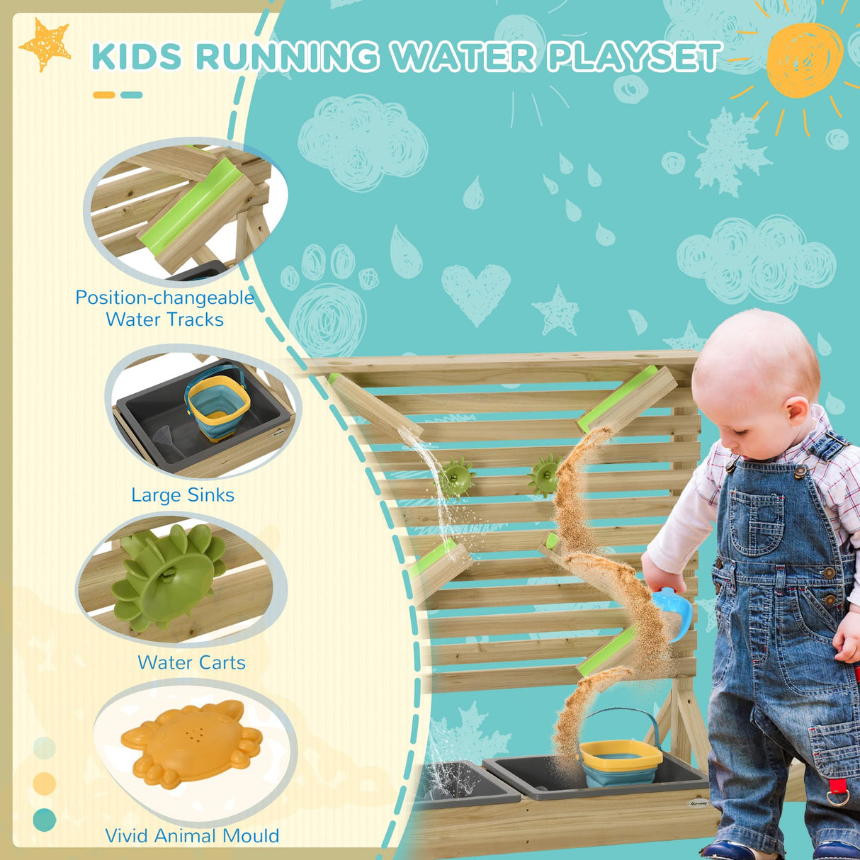 Outsunny 18Pcs Sand and Water Playset for Kids, Wooden Sandbox with Rearrangeable Falling Network Maze, Baby Sensory Toy Outdoor Toys for Summer Activity, Aged 3-7 Years Outsunny