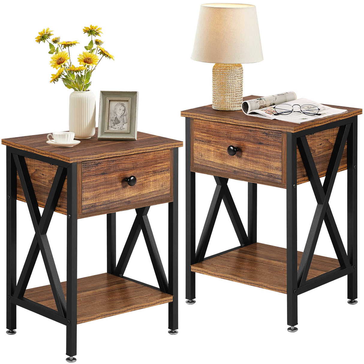 VECELO Nightstands Set of 2, Modern Bedside End Tables, Night Stands with Drawer and Storage Shelf for Living Room Bedroom, Industrial Metal Frame, Brown VECELO