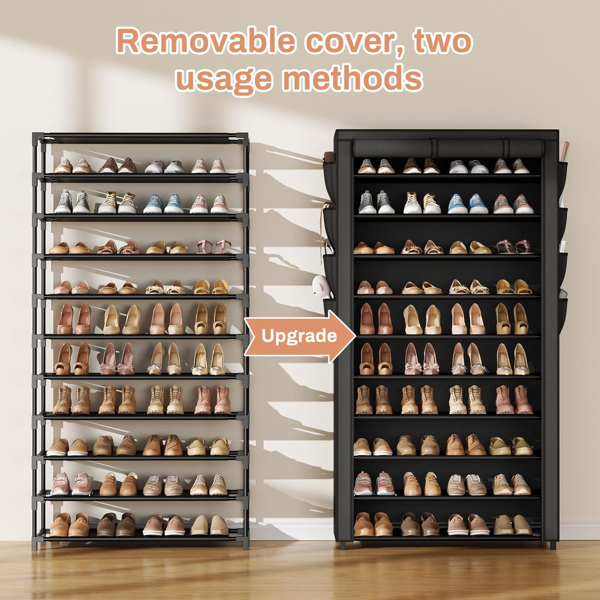 VTRIN Tall Shoe Rack with Cover, 10 Tier Shoe Organizer Storage for 50-55 Pairs Shoes and Boots Large Capacity Shoe Shelf with 8 Pockets Free Standing Shoe Rack for Closet, Entryway, Garage VTRIN