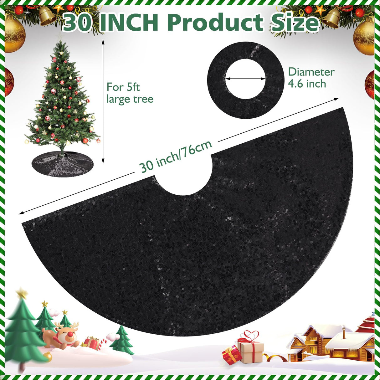 MACTING Christmas Tree Skirt 30 Inch Small Black Glitter Sequin Tree Mat Sparkly Tree Base Cover for Farmhouse Holiday Party Indoor Home New Year Xmas Tree Decorations MACTING
