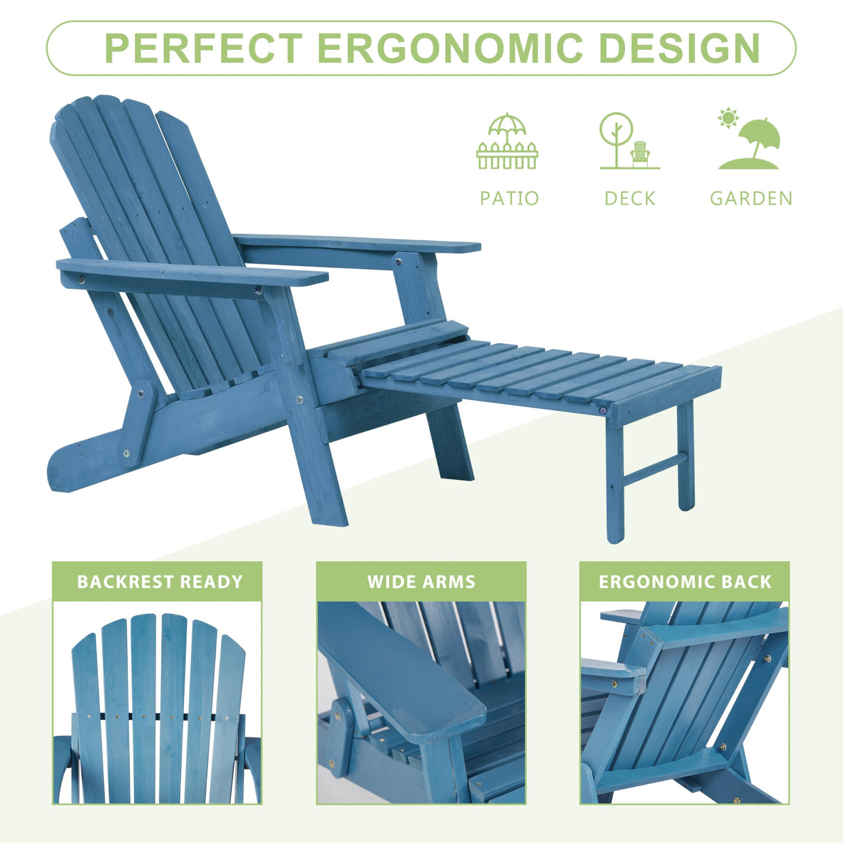 Oversized Wooden Folding Adirondack Chair with Ottoman, Pre-Assembled Backrest and Seat Board, Lounge Chair for Outdoor Patio Garden Lawn Backyard Firepit Deck Pool Beach Wood-Natrl