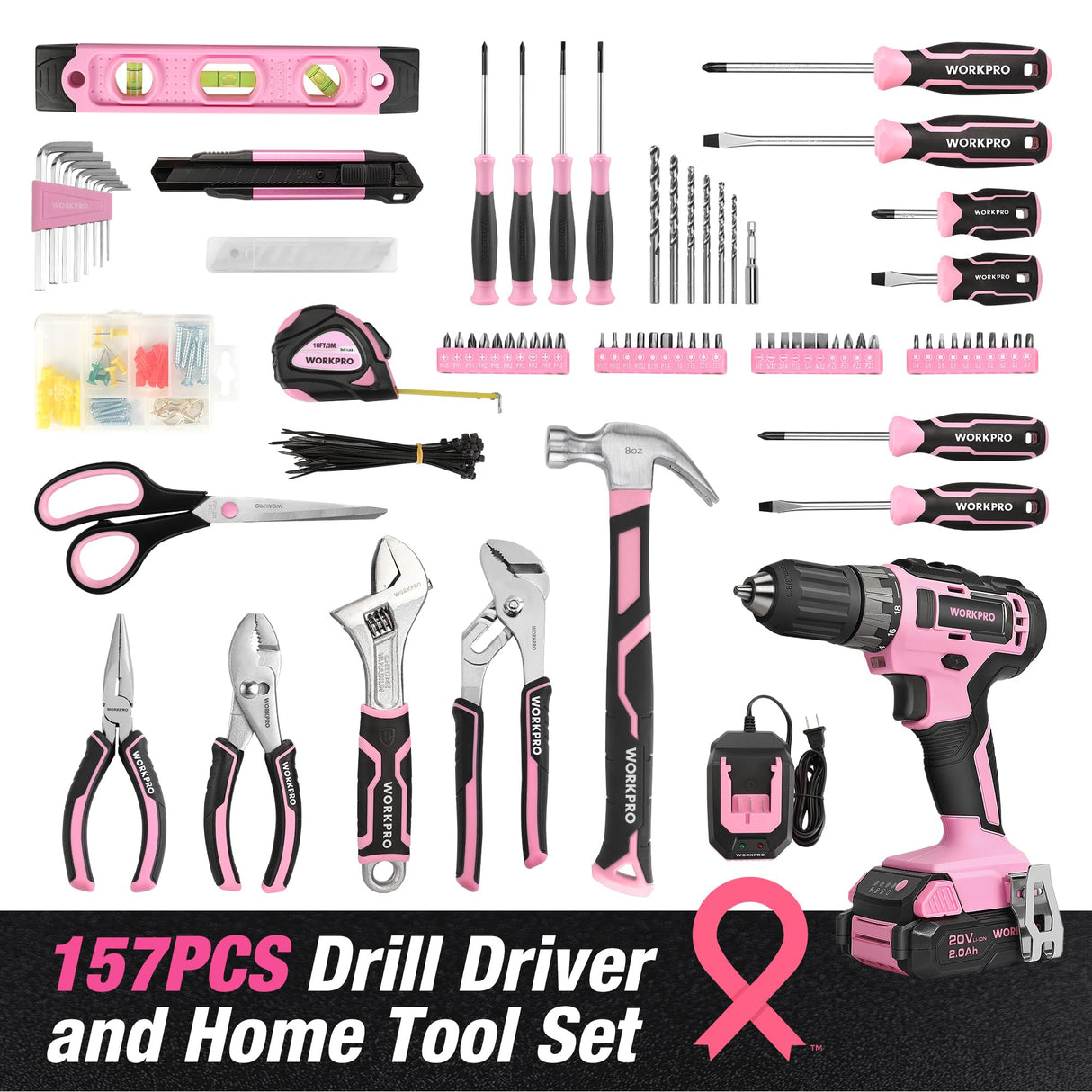 WORKPRO Pink Drill Set with UPGRADED Tool Bag, 157PCS Tool Kit For Home with 20V Cordless Drill Driver, Household Pink Tool Set including Screwdriver, Hammer, Tool Kit for Women and Men-Pink Ribbon WORKPRO