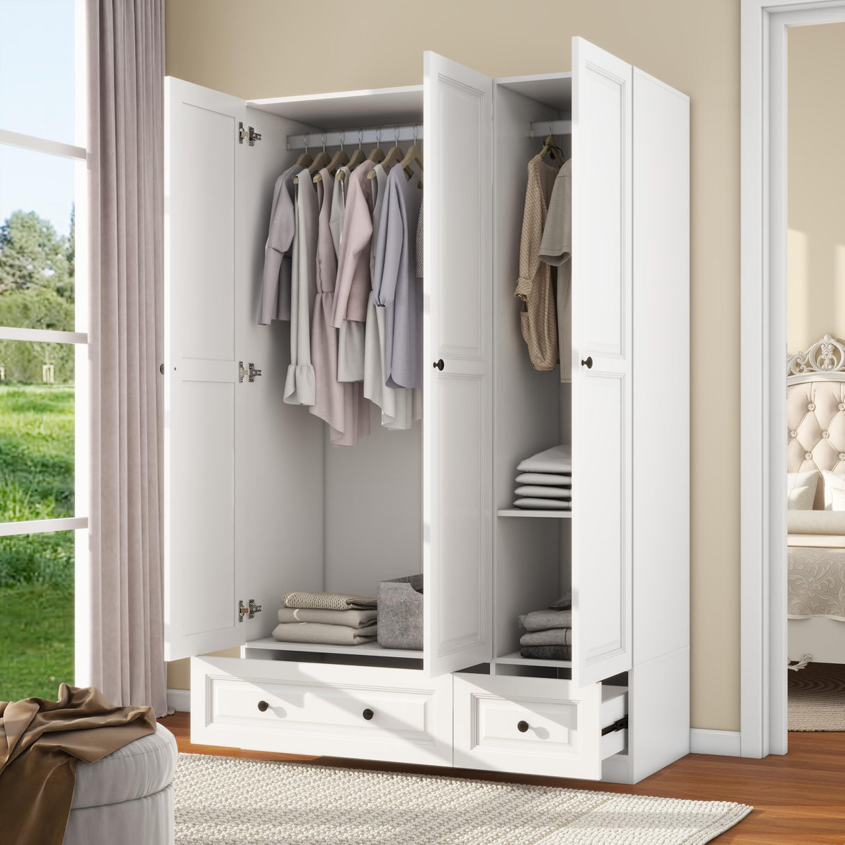 LABROSKIA White Wardrobe Closet with 3 Doors: 74" Bedroom Armoire Wardrobe Closet with 2 Drawers, Wooden Cabinet with Hanging Rod, Modern Armoire Closets with Shelves (White, 47") LABROSKIA