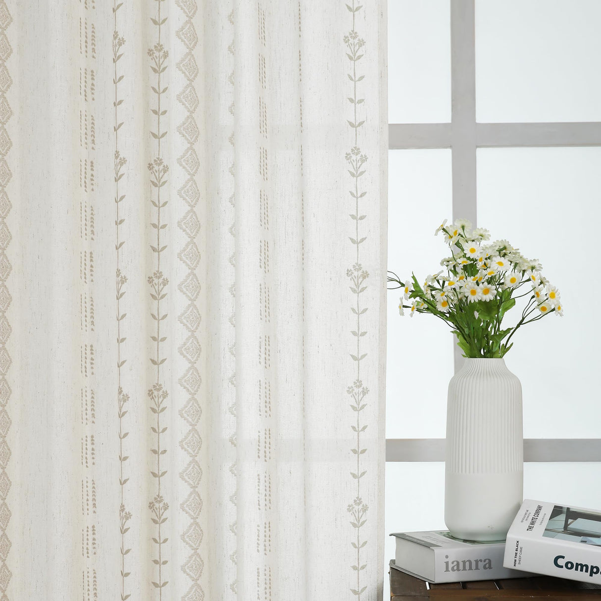 Neutral Farmhouse Curtains for Living Room 84 Inches Long,Taupe Cream Boho Light Filtering Sheer Patterned Modern Beautiful Linen Curtains with Floral Pattern Design Dining Room 84 Length 2 Panels Set Lino Rosa