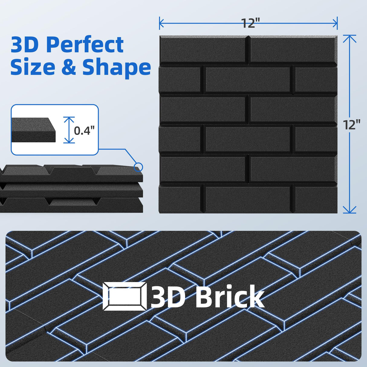 12 Pack Acoustic Panels with Self Adhesive, 12" X 12" X 0.4" High Density Sound Proof Foam Panels for Walls, Soundproof Wall Panels, Brick Sound Absorbing Panels for Home Studio Office Decor - Black NEPIS