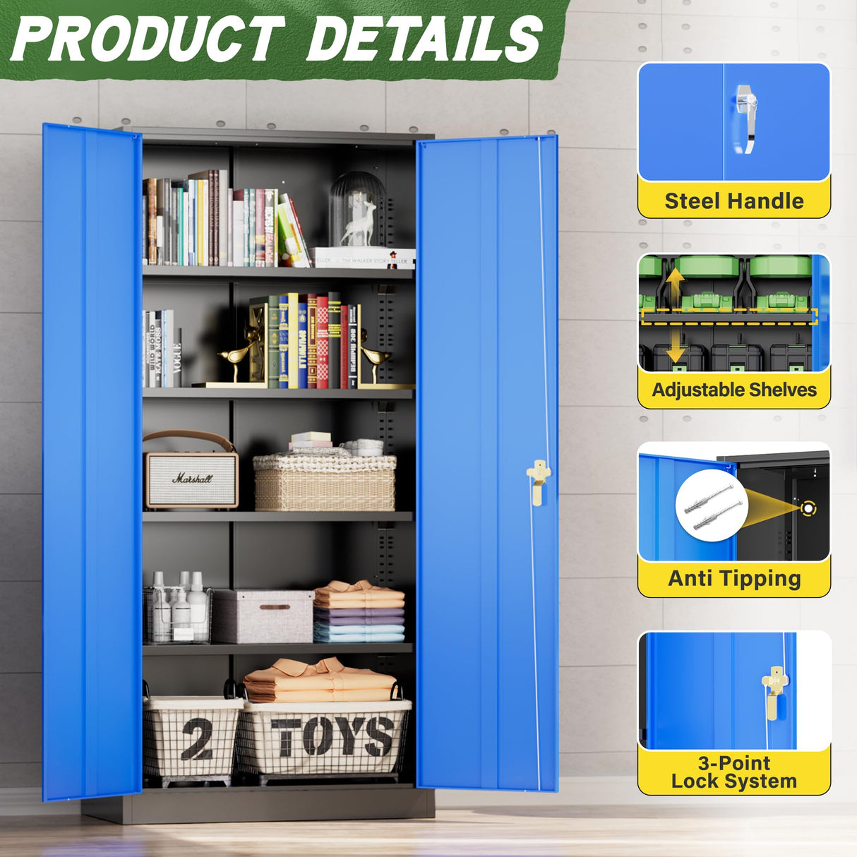 Greenvelly Metal Garage Storage Cabinet,72" Steel Locking Garage Storage Cabinet with Doors and Shelves,Metal Office Storage Cabinet for Home,School,Garage(Black Blue 36" W x18 D) Greenvelly