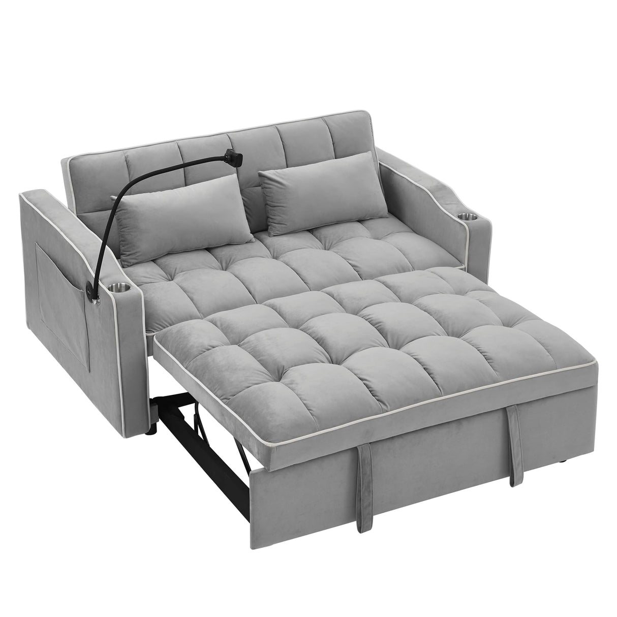 Foldable Sofa Bed with 2 USB Charging Ports, Pull Out Velvet Loveseat Sleeper with Phone Holder, Modern Futon Couch with Cup Holders & Adjustable Backrest for Living Room,Grey Merax