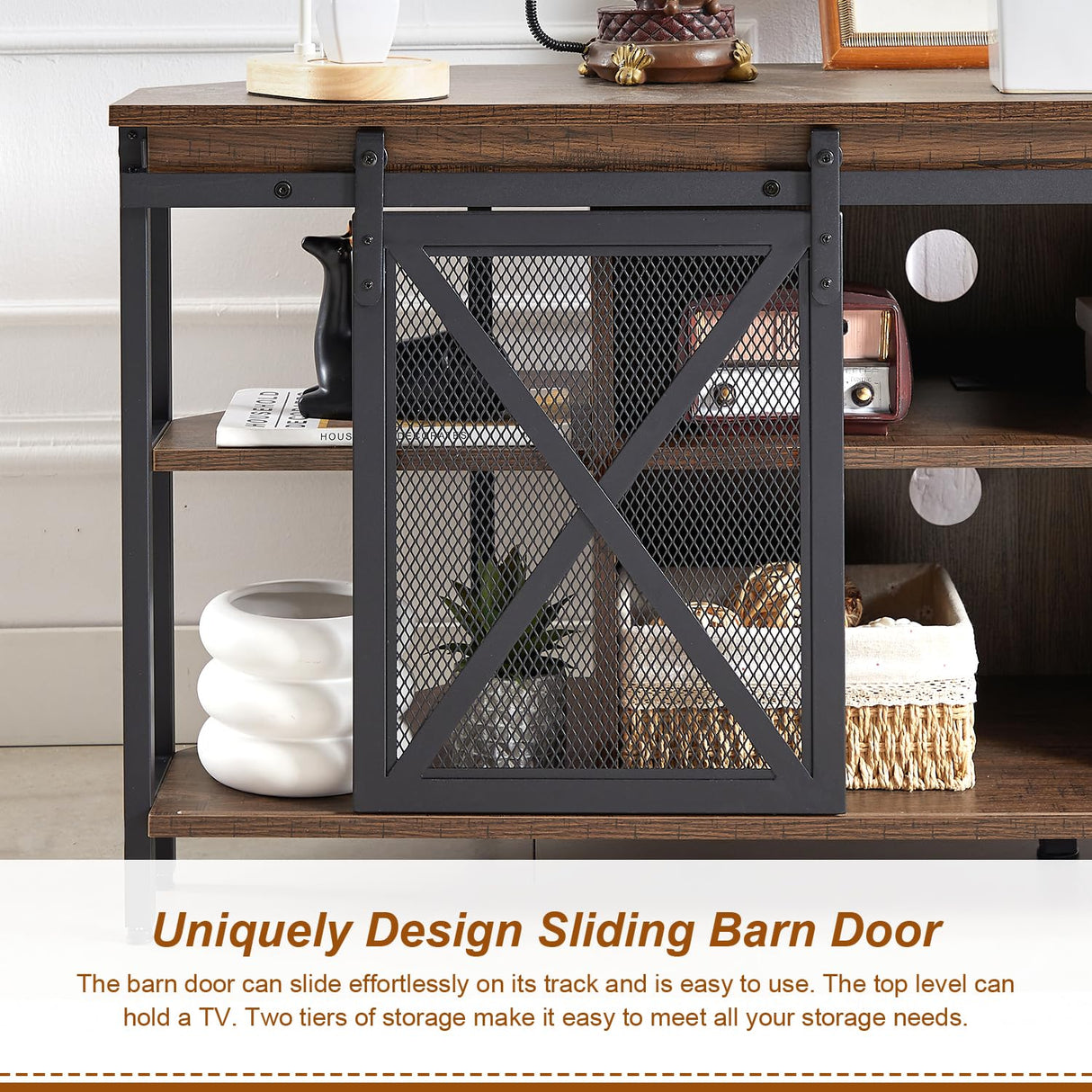 HOMISSUE Corner TV Stand for 55 Inch TV, Rustic Corner Entertainment Center with Storage, Industrial Media Console Table with Sliding Barn Door, Entertainment Center for Living Room, Brown HOMISSUE