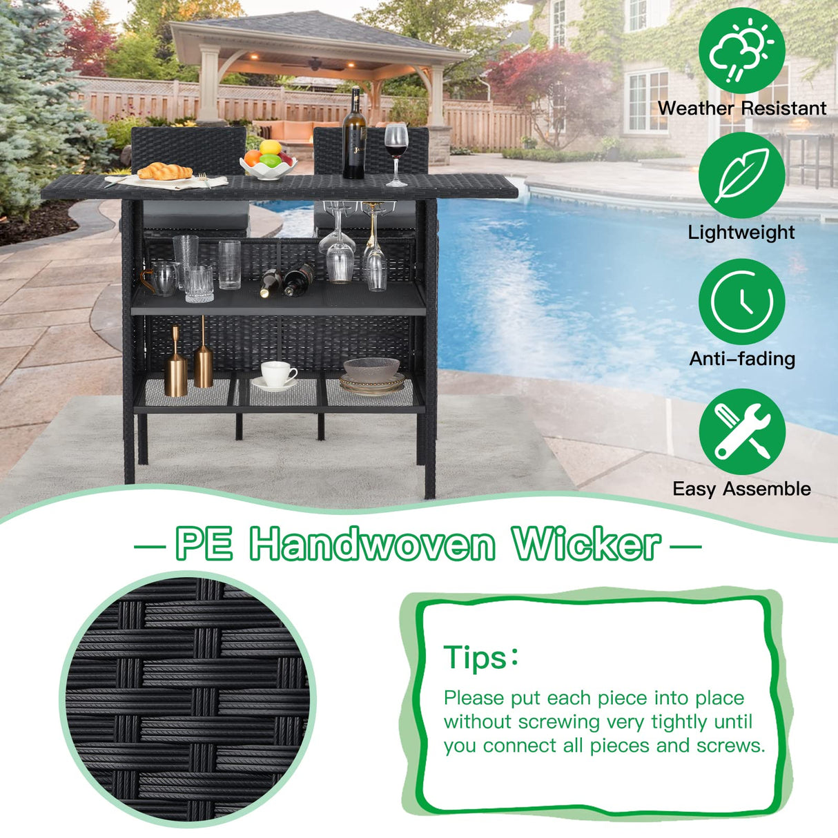 ECOTOUGE Outdoor Patio Wicker Bar Counter Table, Rattan Storage Furniture with Steel Shelves & Hanging Wine Glasses, 54.7"x18.1"x36.8" (L x W x H) Ideal for Garden, Backyard and Pool Side, Black ECOTOUGE