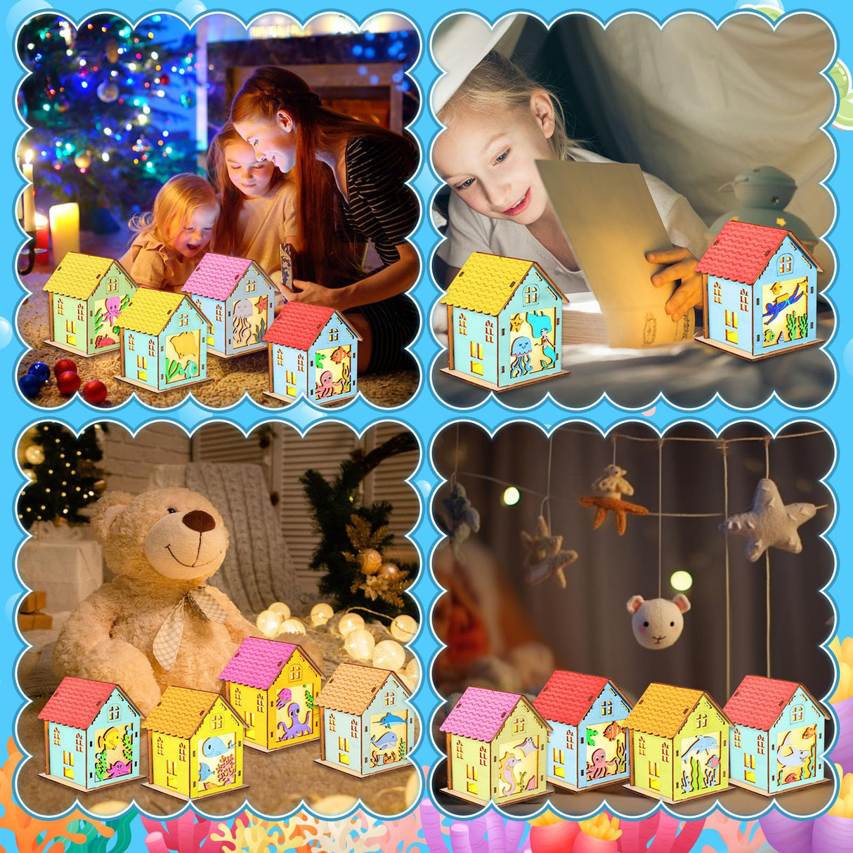 Soaoo 18 Pcs Wood Crafts for Kids Summer Wood Houses Light up Houses Unfinished Wooden Craft Kit Include 3D Sea Animal Wooden Puzzle with 12 Paint and Brushes for Toddler Kids Adults(Marine Animal) Soaoo