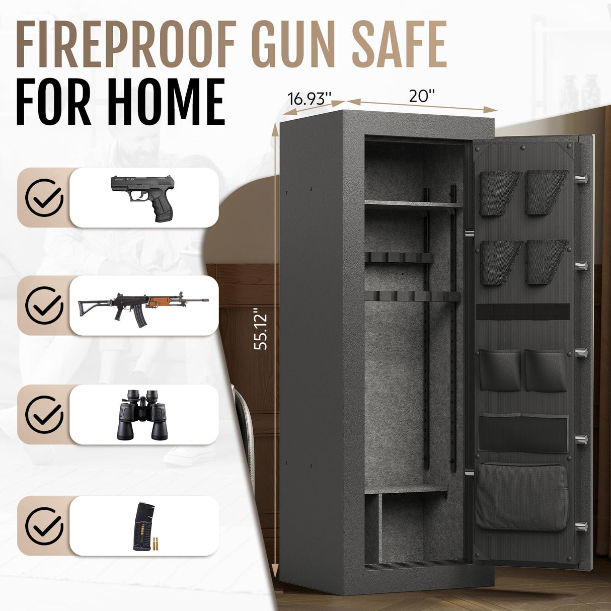 KAER Fireproof Gun Safe, 16-20 Rifle Safe 1400°F / 45 Minutes, Interior 360°Velvet Protection|5 Active Bolts & 2 Deadbolts For Fingerprint Lock, 90-180° Outward-Opening, Storage + Smooth Handle(Grey) KAER