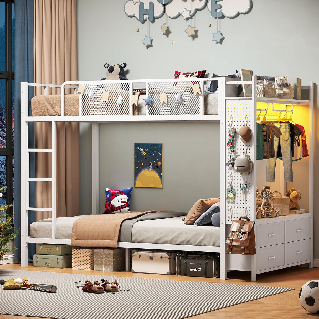 Itaar Metal Bunk Bed Twin Over Twin with Hall Tree, Power Outlet, LED Bunk Bed with 4 Storage Drawers, Bed with Safety Guardrail & Ladders, No Box Spring Needed, Easy Assembly, White Itaar