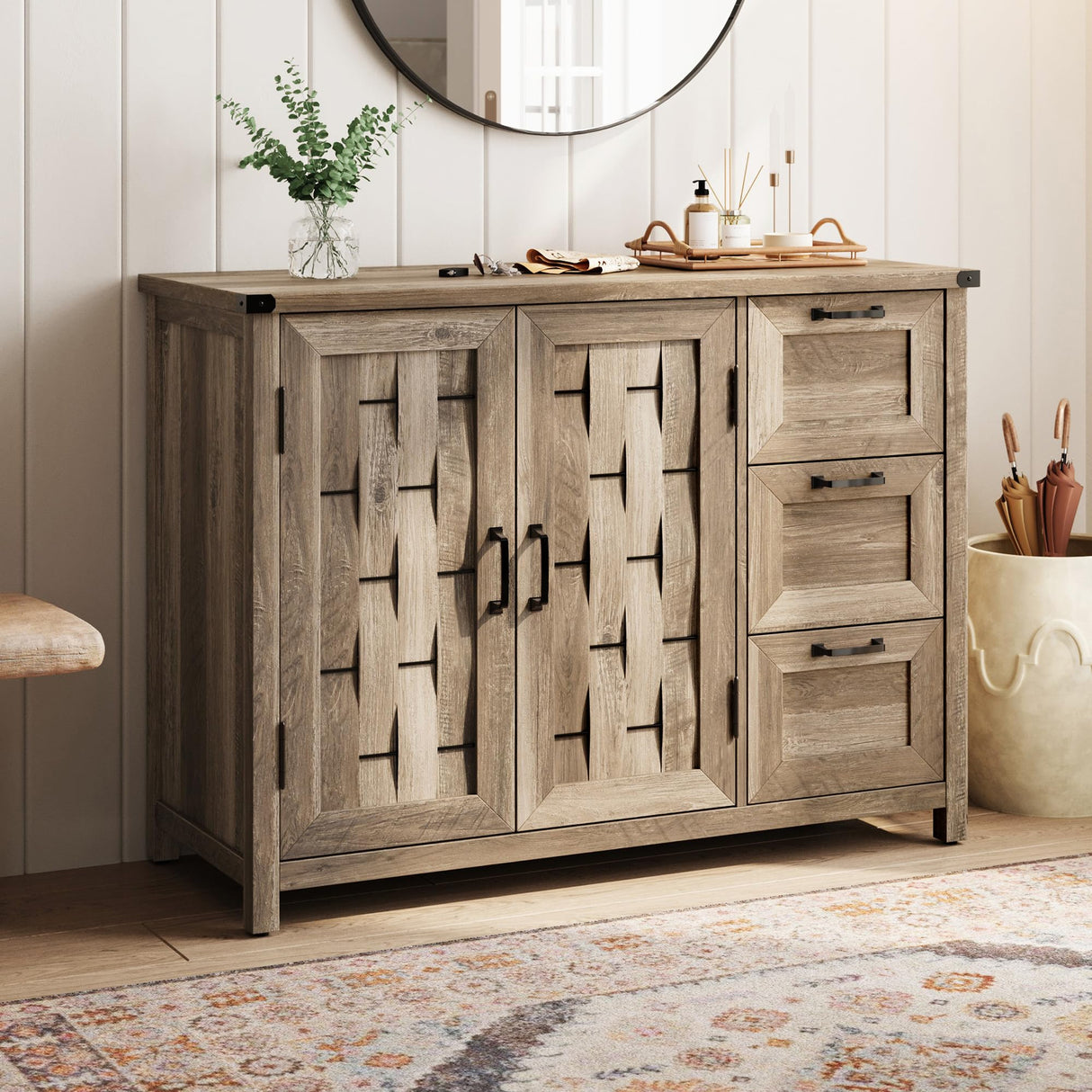 LINSY HOME Farmhouse Sideboard Buffet Cabinets, 43" W Coffee Bar Storage Cabinets with 3 Drawers and 2 Doors, Rustic Accent Cabinet for Dining Room, Kitchen, Home Bar and Living Room, Light Brown LINSY HOME