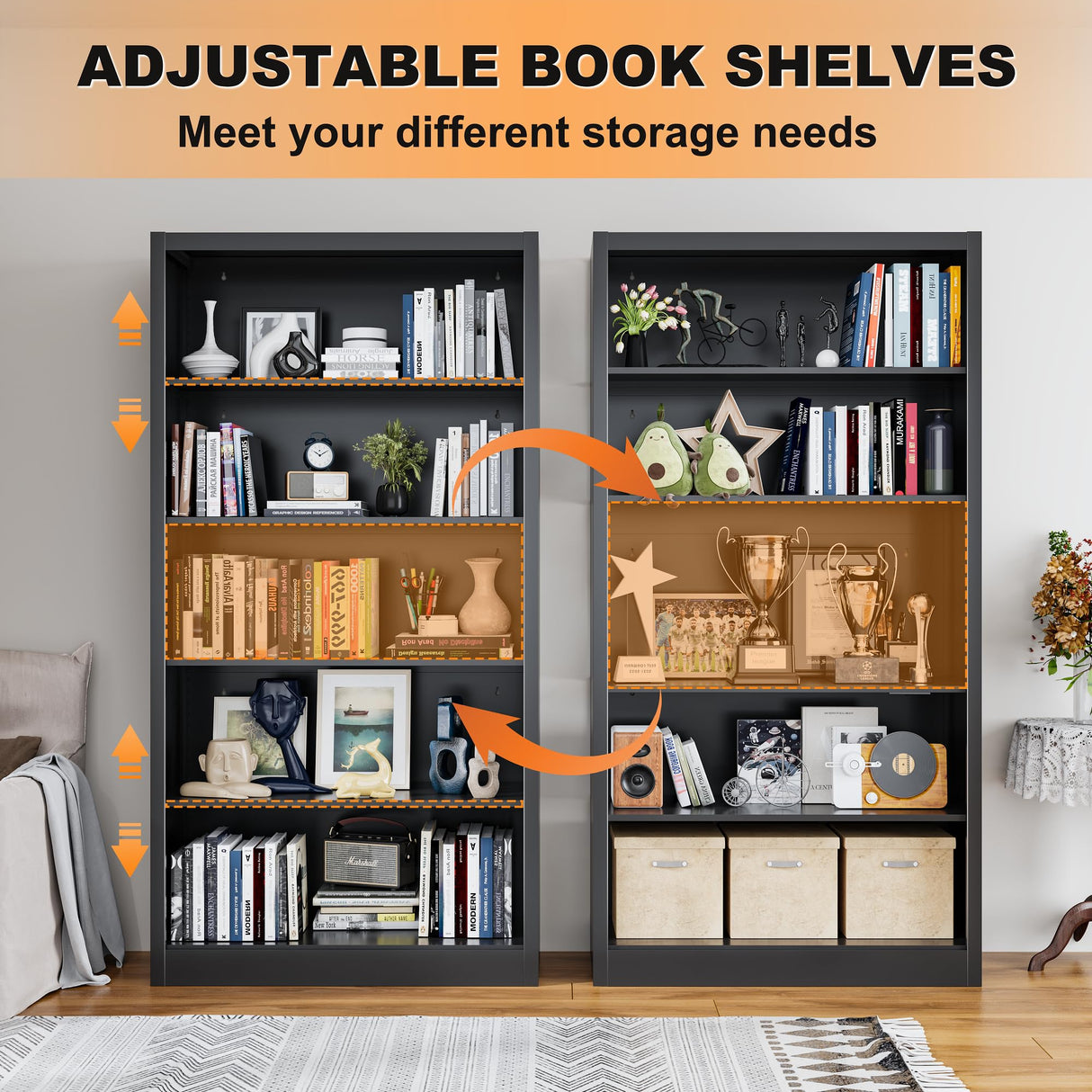 VASAAOSD 66" Tall Metal Bookcase, 5 Shelf Black Bookcase with Adjustable Shelves, Large Bookshelves and Bookcases, Modern Book Shelf Storage Organizer for Living Room, Home Office, Library (Black) VASAAOSD