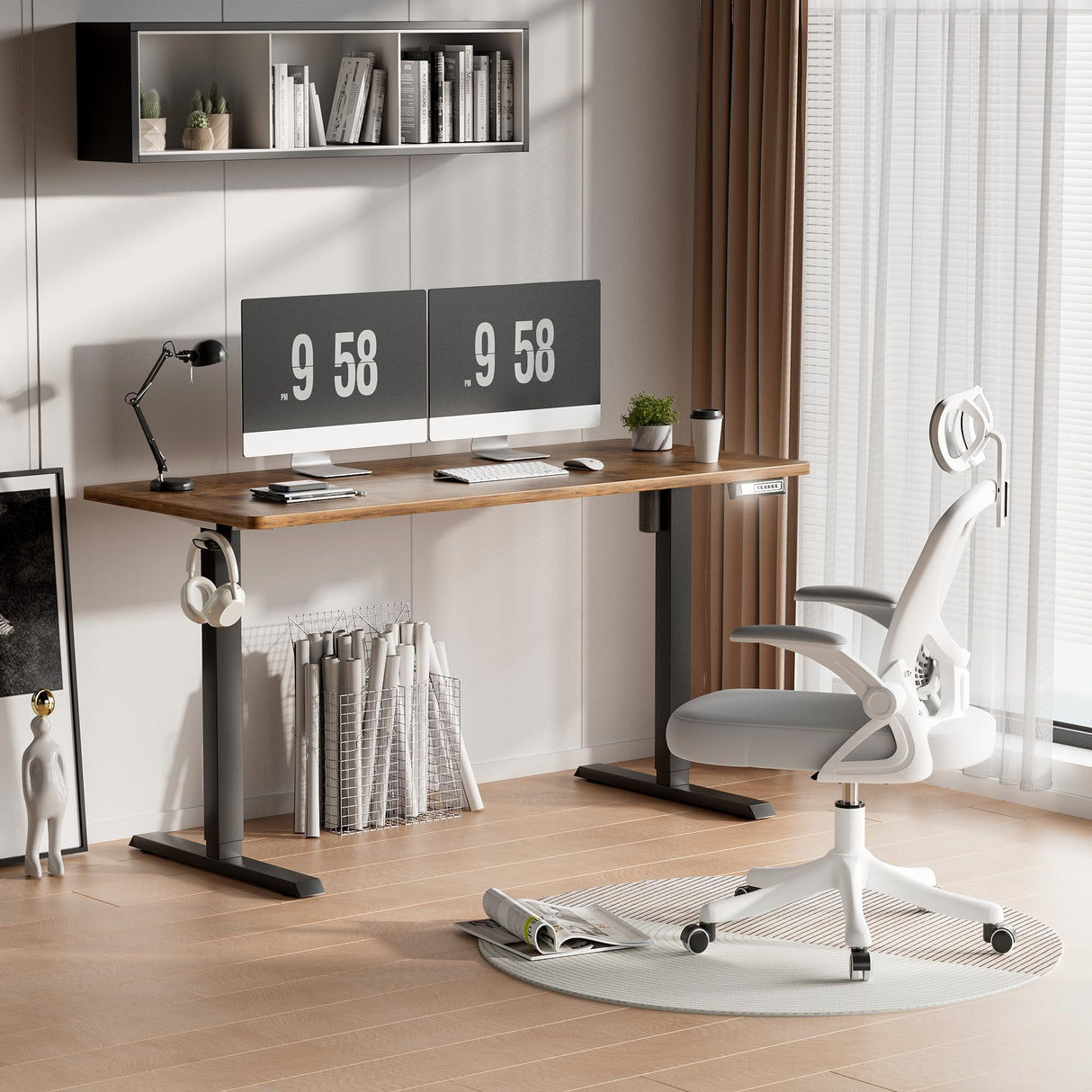 Furmax Electric Standing Desk, 55 x 24 Inches Height Adjustable Desk with Removable Casters, Home Office Computer Desk (White) Furmax